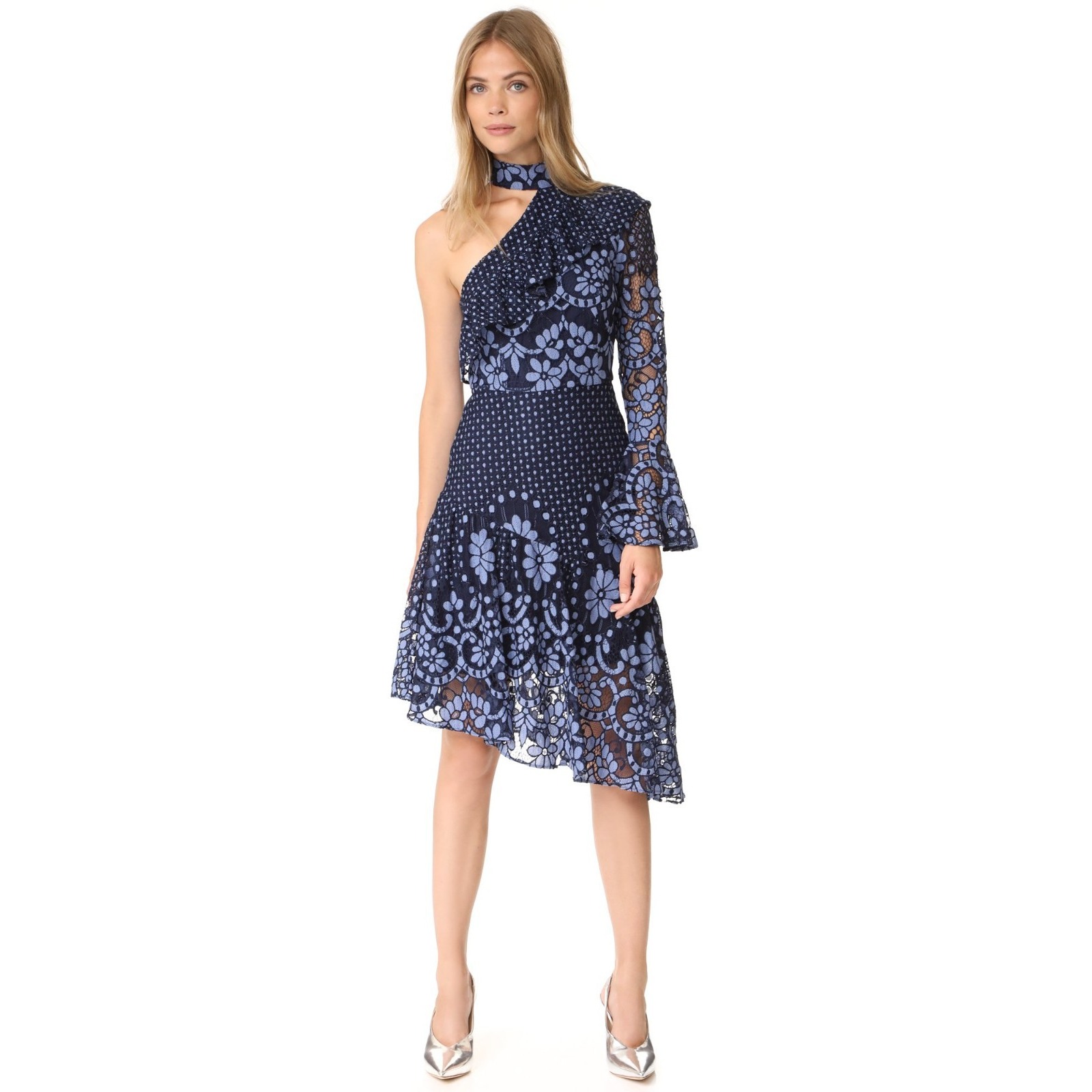 New Parker Navy Blue Lace Floral One Shoulder Dress Sz 6 Rine Oman Midi Party